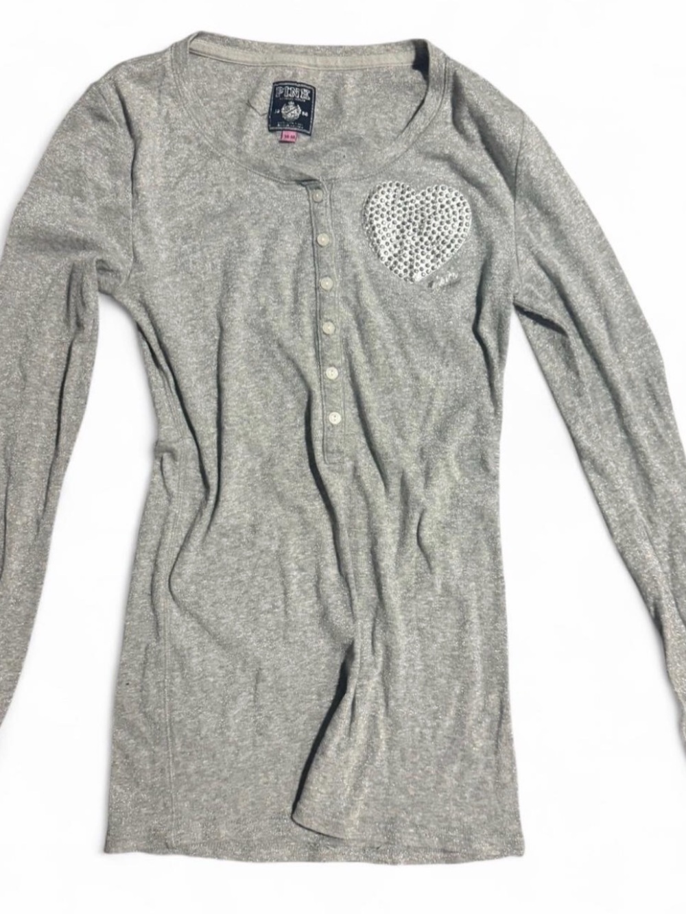 Vintage PINK VS ' Gray Long-Sleeve Henley Sweater with Rhinestone Heart